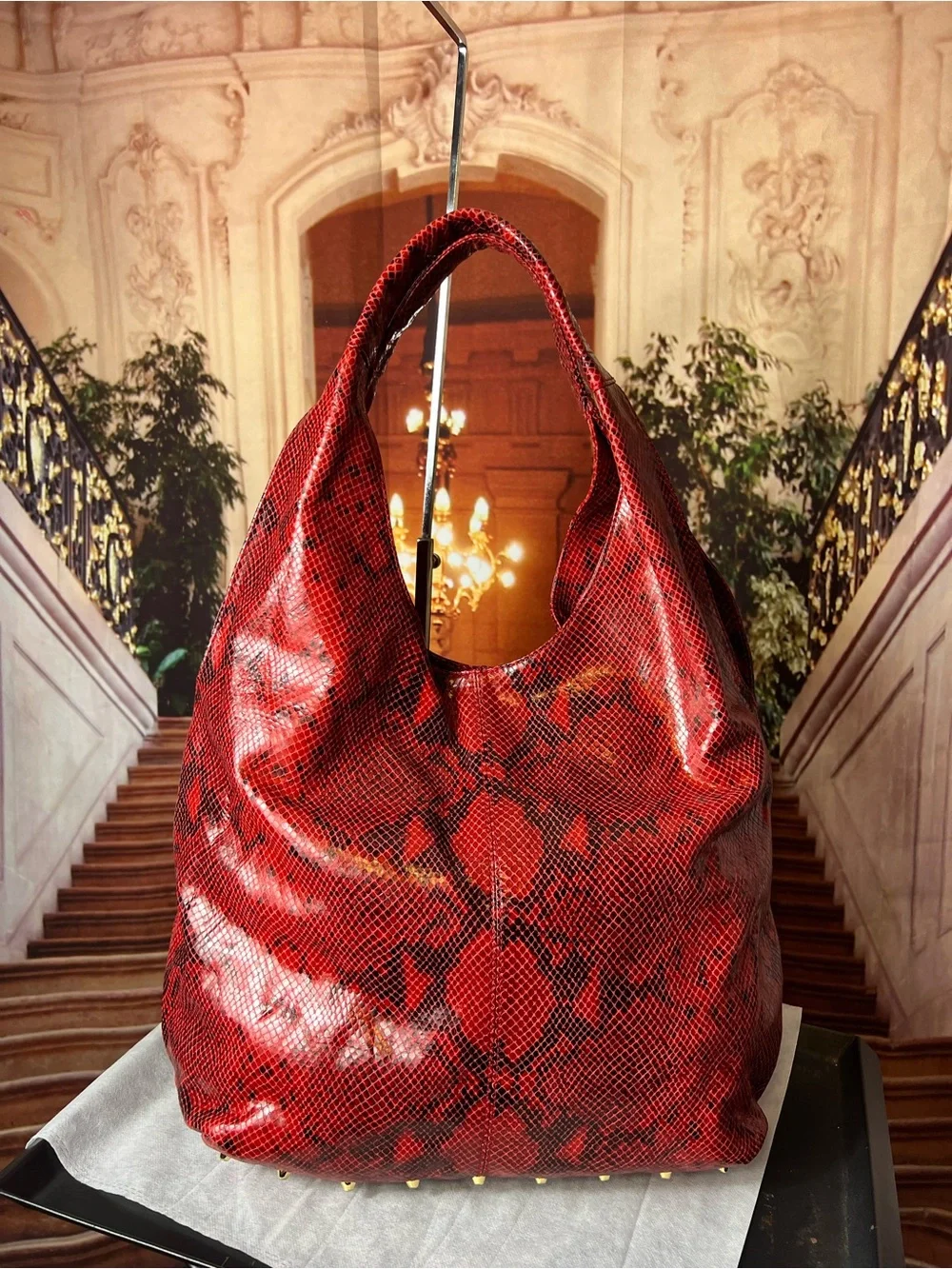 Worth New York Red Studded Snake Print Genuine Leather Shoulder Bag 🔥 Hobo